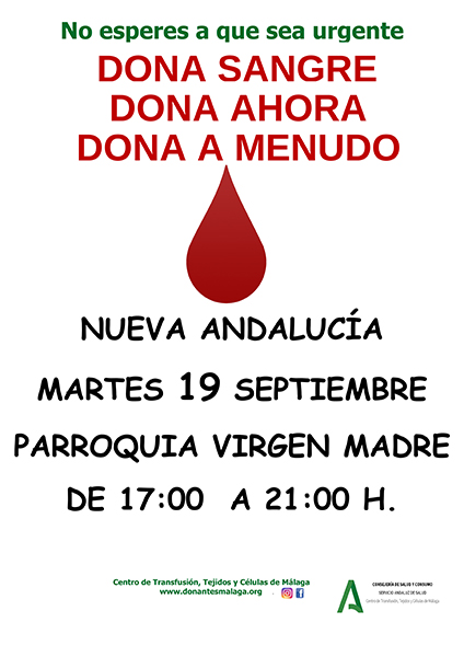 El próximo 19 de septiembre puedes salva vidas donando sangre en Nueva Andalucía